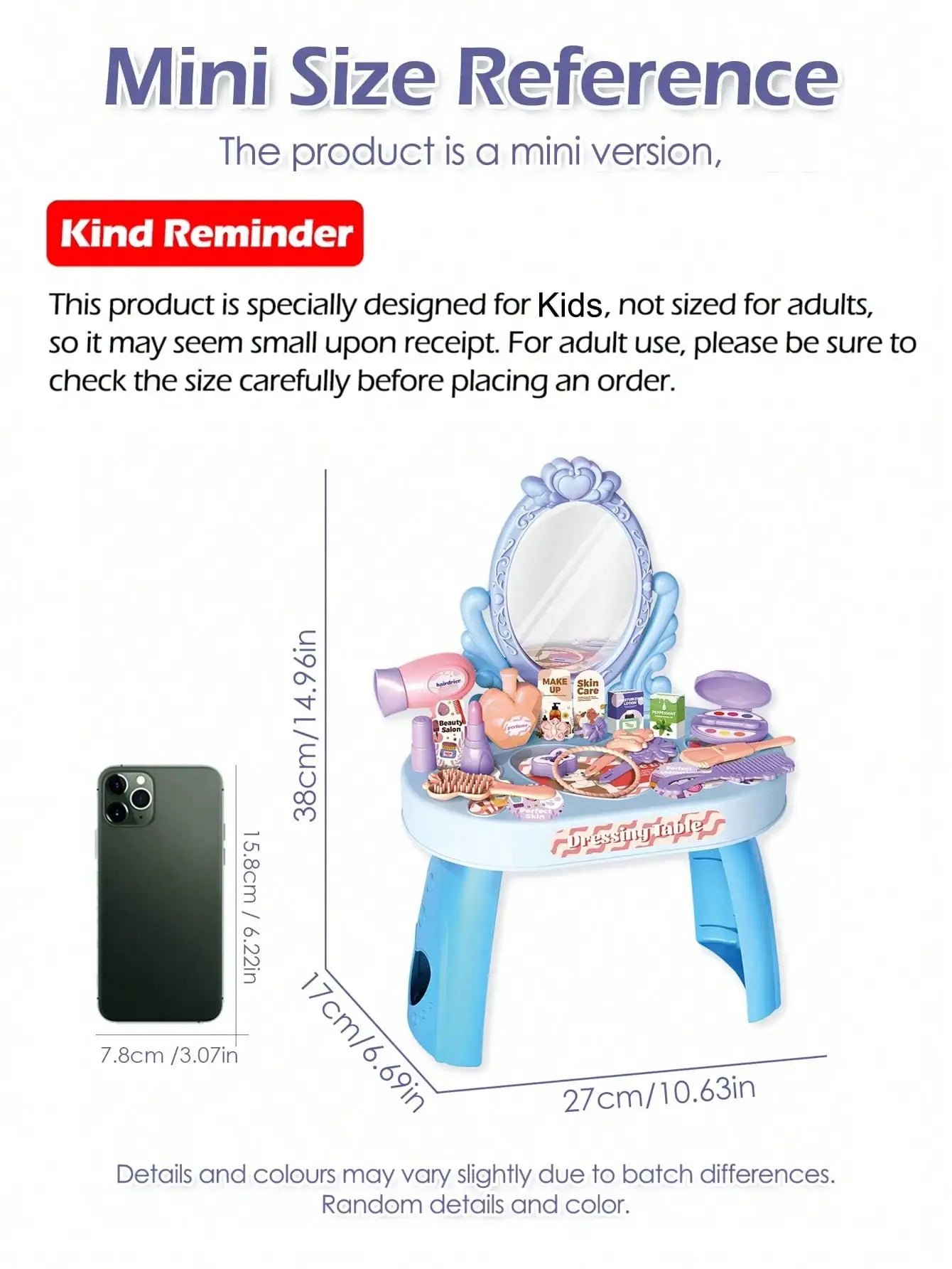 Kids Princess Vanity Dressing Table Toy Set with Mirror&30Pcs Makeup Accessories, Pretend Hair Dryer Cosmetic Kit,Gift for Girls