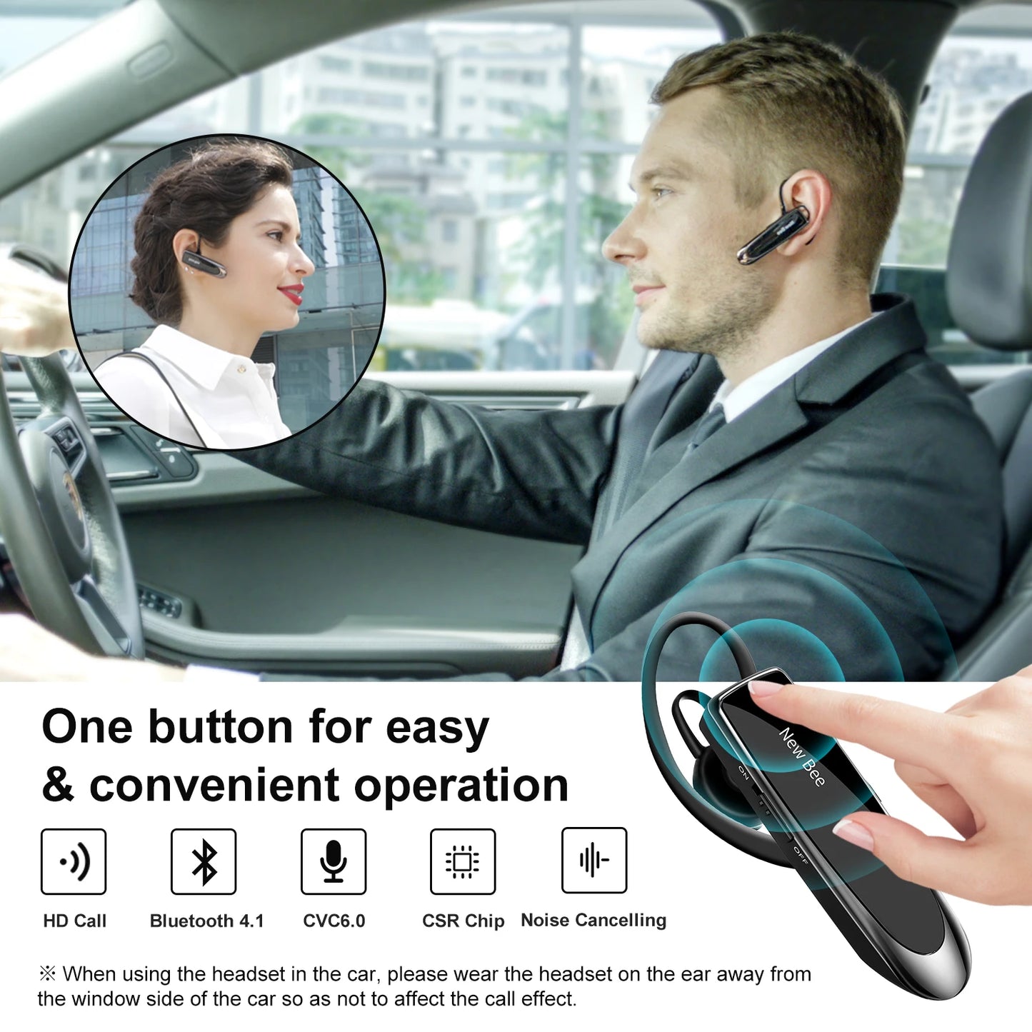 New Bee B41 Bluetooth Headset Wireless Headphones Hands-free Earphones 22H with Mic Single Earpiece for Business Driving