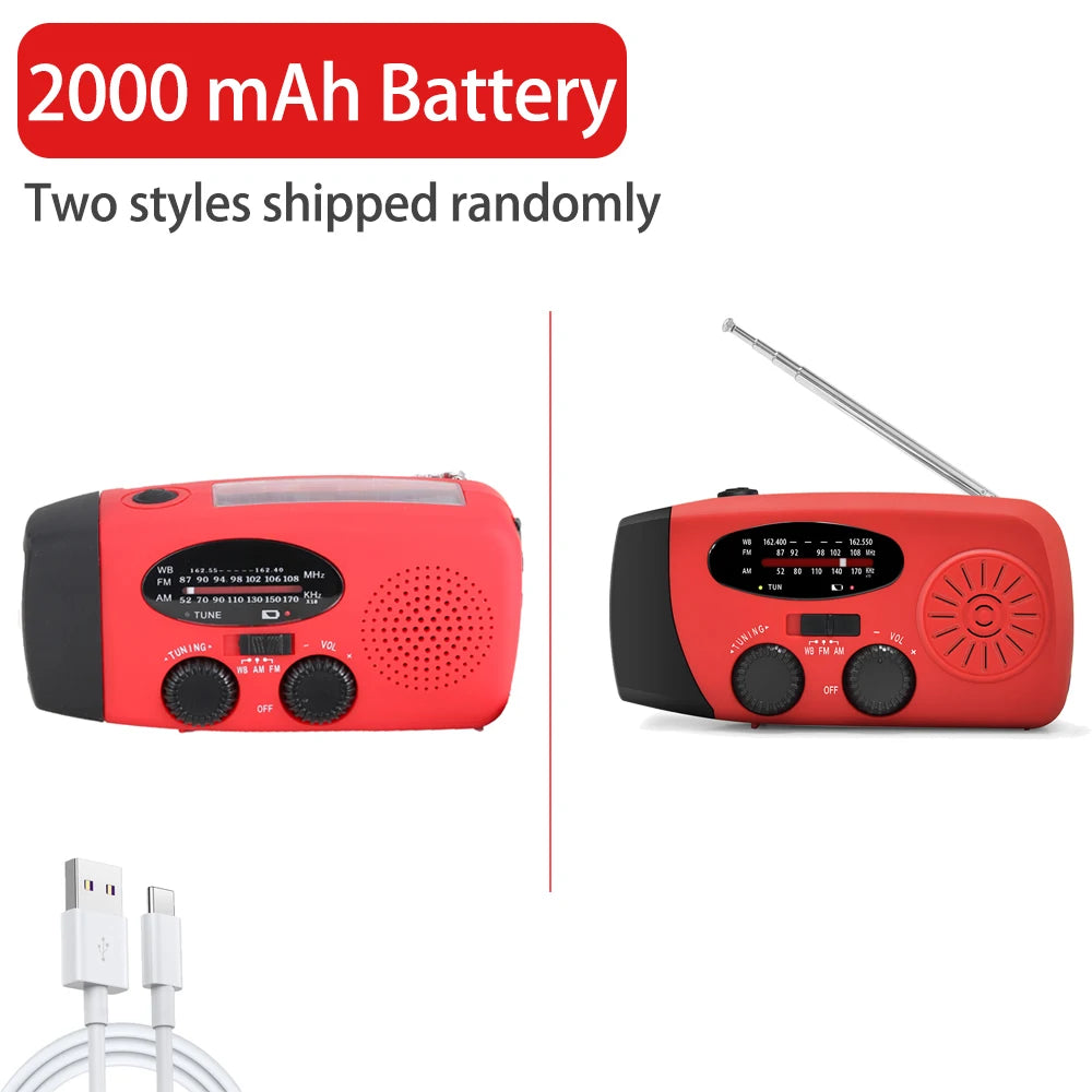 2000mAh high capacity rechargeable radio solar rechargeable emergency light outdoor camping flashlight waterproof portable light