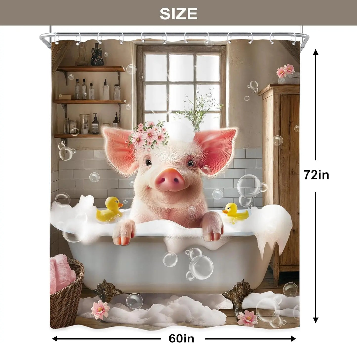 Funny Pig Shower Curtain Farmhouse Rustic Farm Animal in Bathtub Cute Western Country Shower Curtain Bathroom Set Pink Floral