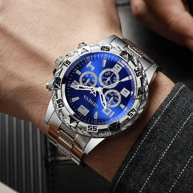 4PCS Fashion Arabic Dial Men Business Watches Bracelet Necklaces Set Luxury Mens Quartz Wristwatch Reloj Hombre（Without Box）