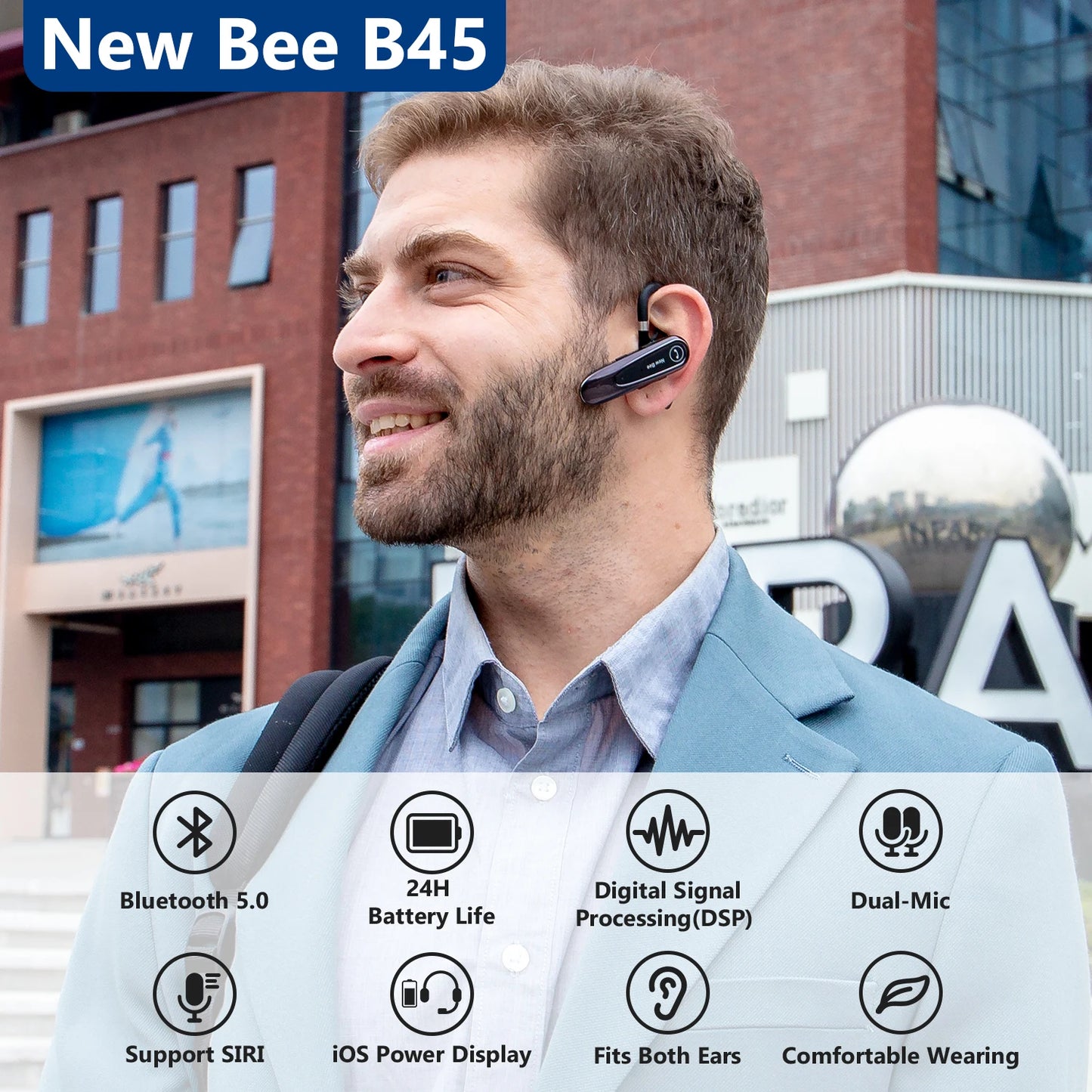 New Bee B45 Wireless Headset Bluetooth 5.0 Earphones Dual Mic Mute Handsfree Earbuds CVC8.0 Noise Reduction for Business Driving