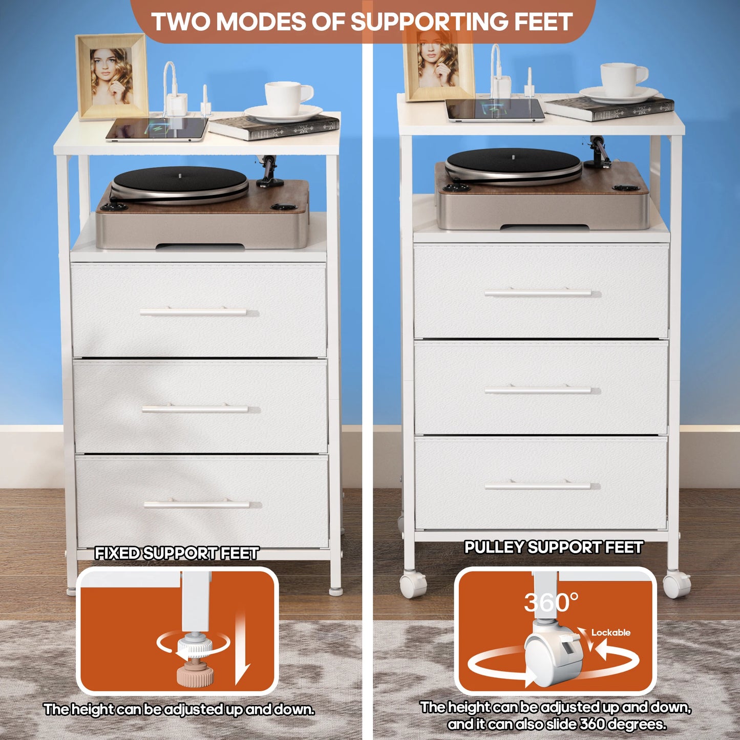 Bedside Table With Charging Station Nightstand With 2 Outlets And 2 USB Ports With 4 Castors
