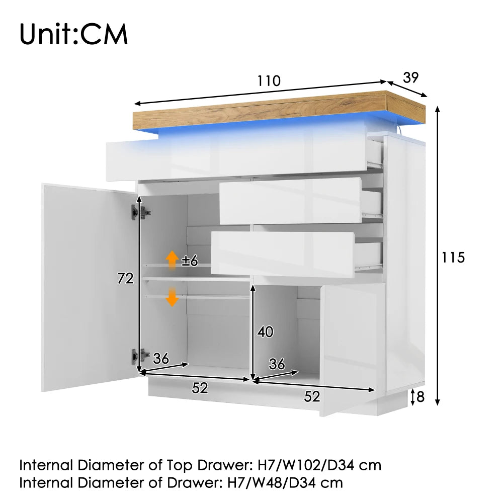 PINGGO Chest of Drawers,High-gloss Sideboard Cabinet with 2 Doors and 3 Drawers,Storage with RGB LED,115 x 110 x 39 cm, White