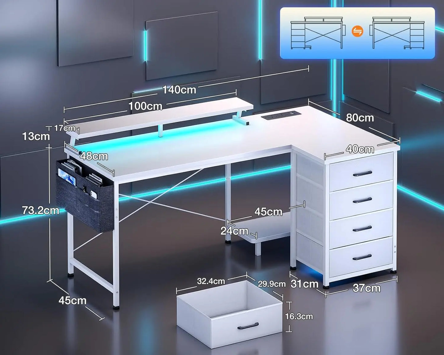 Coleshome L Shaped Gaming Desk with LED Lights & Power Outlets, 140x80cm Corner Computer Desk with Drawers, White