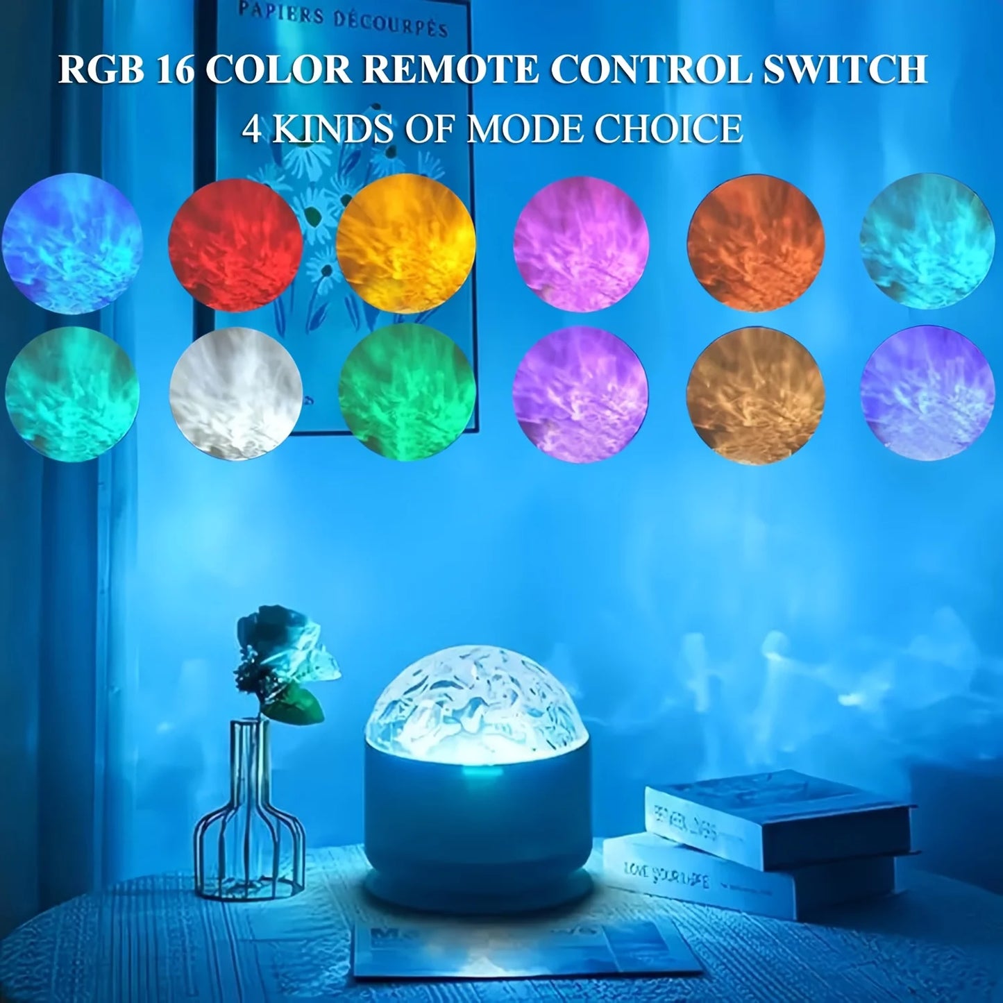LED Aurora/Water Ripple Projector Light Starry Sky Galaxy Night Light Remote 16 Colors Auto Rotate Ambient Light for Home Room