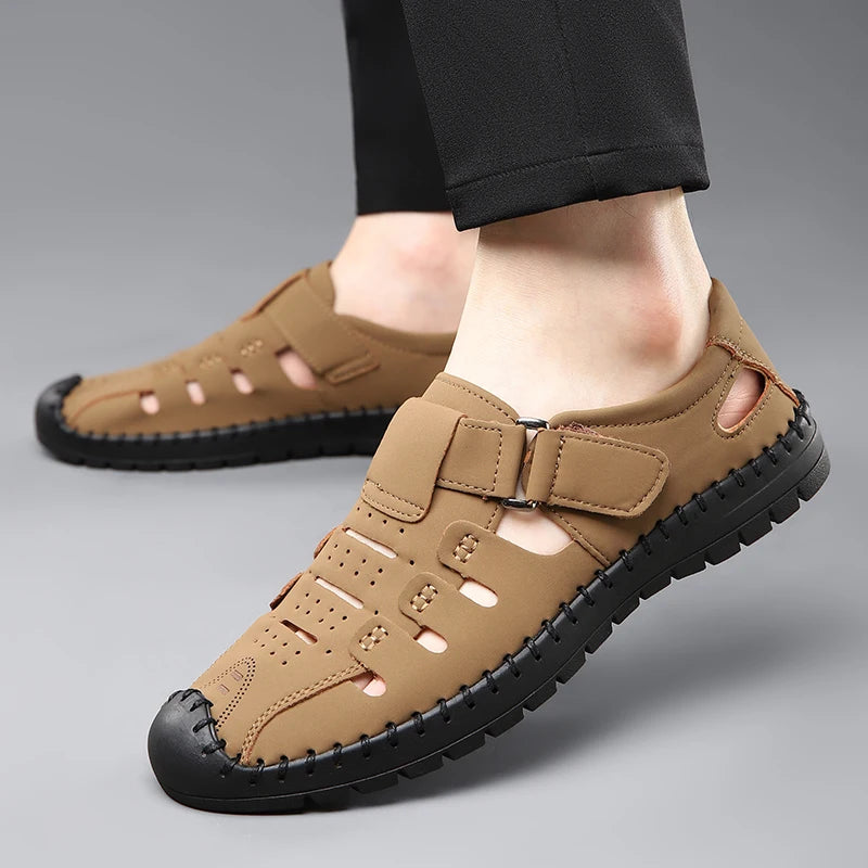 Men's Summer Hollow out Comfortable Breathable Slip-On Leather Shoes Anti-Slip Soft Bottom Outdoor Casual Loafers-1375