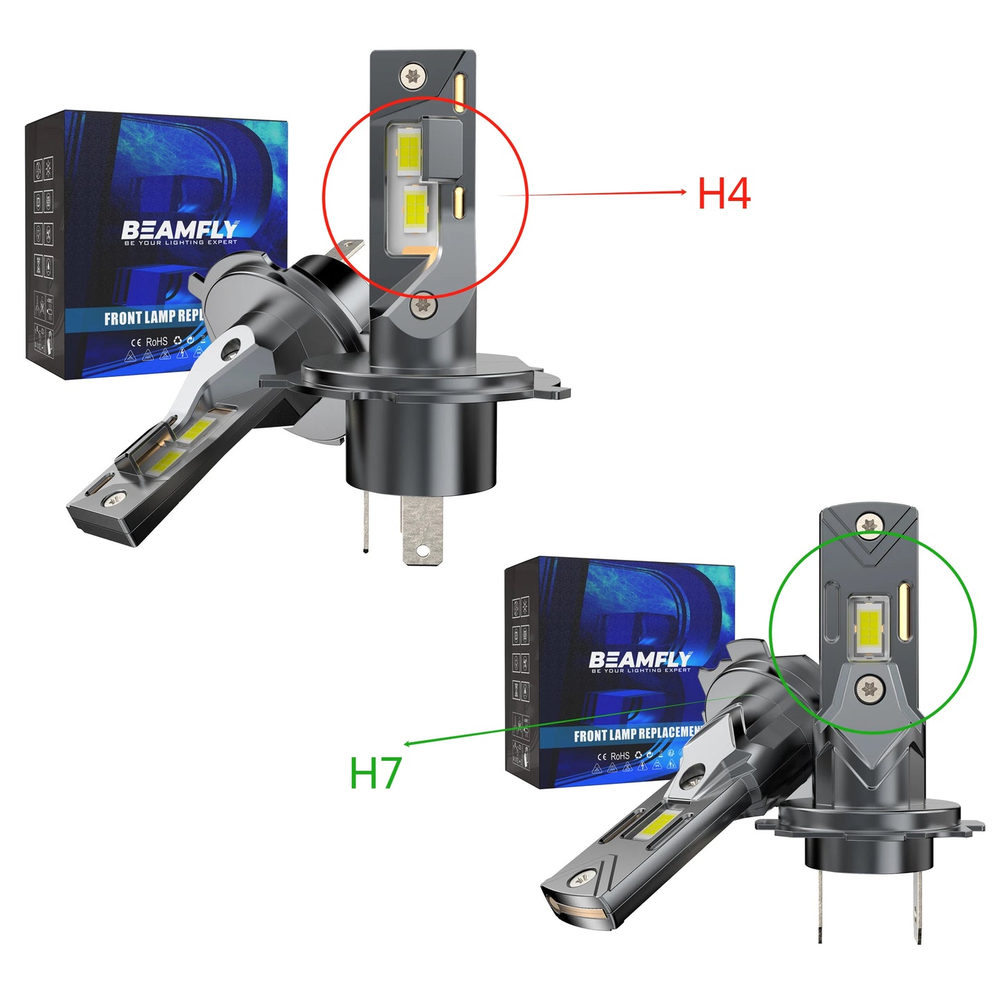 BEAMFLY 100W LED H4 Headlight Bulbs H7 Canbus Wireless Diode Light 6500K White 20000LM CSP Plug&Play Car Headlight Assemblies