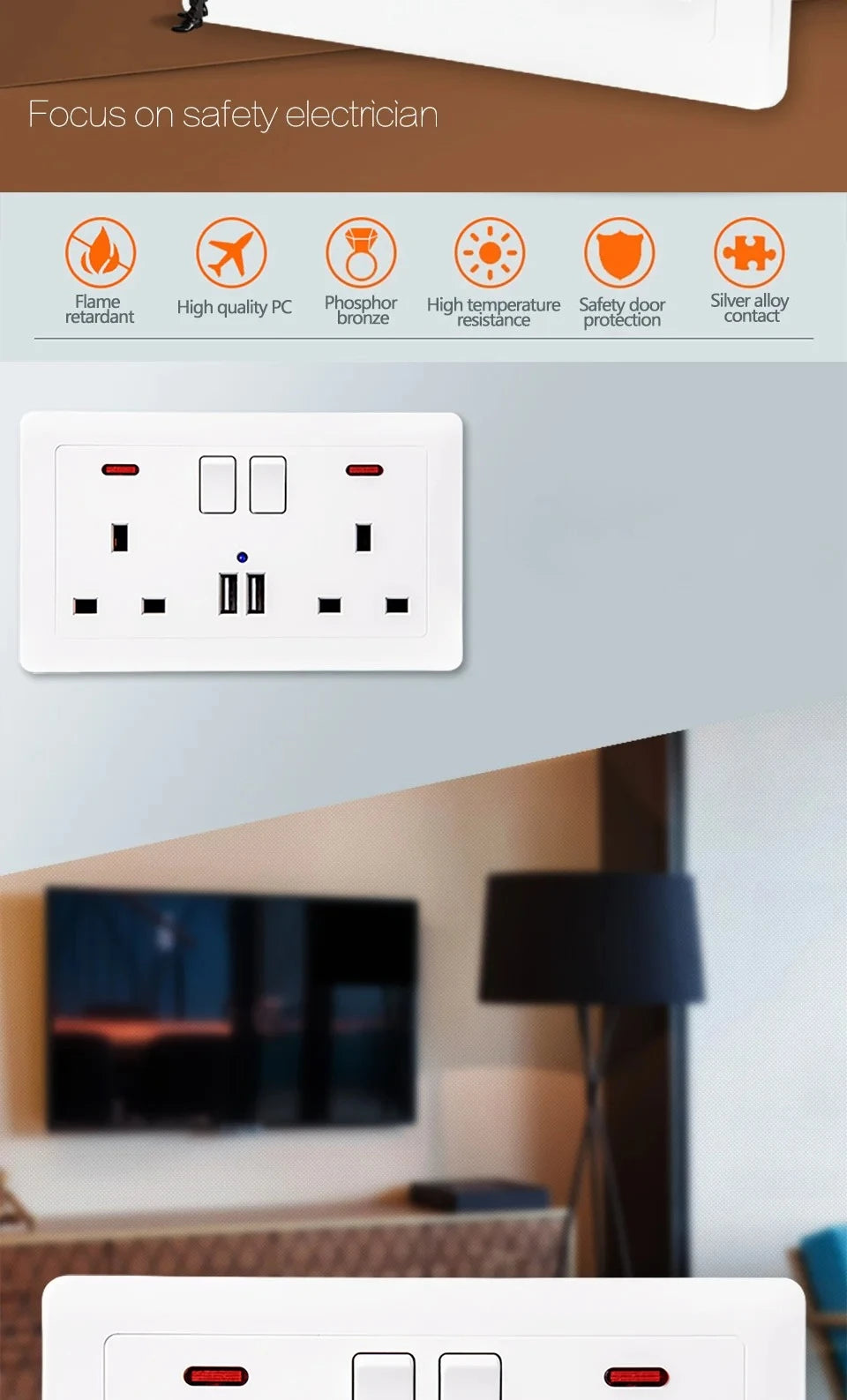 UK Standard 13A Switched Wall Socket with Dual USB Charger Ports LED Indicator Standard Size Easy Fit Wall Mounted USB Power