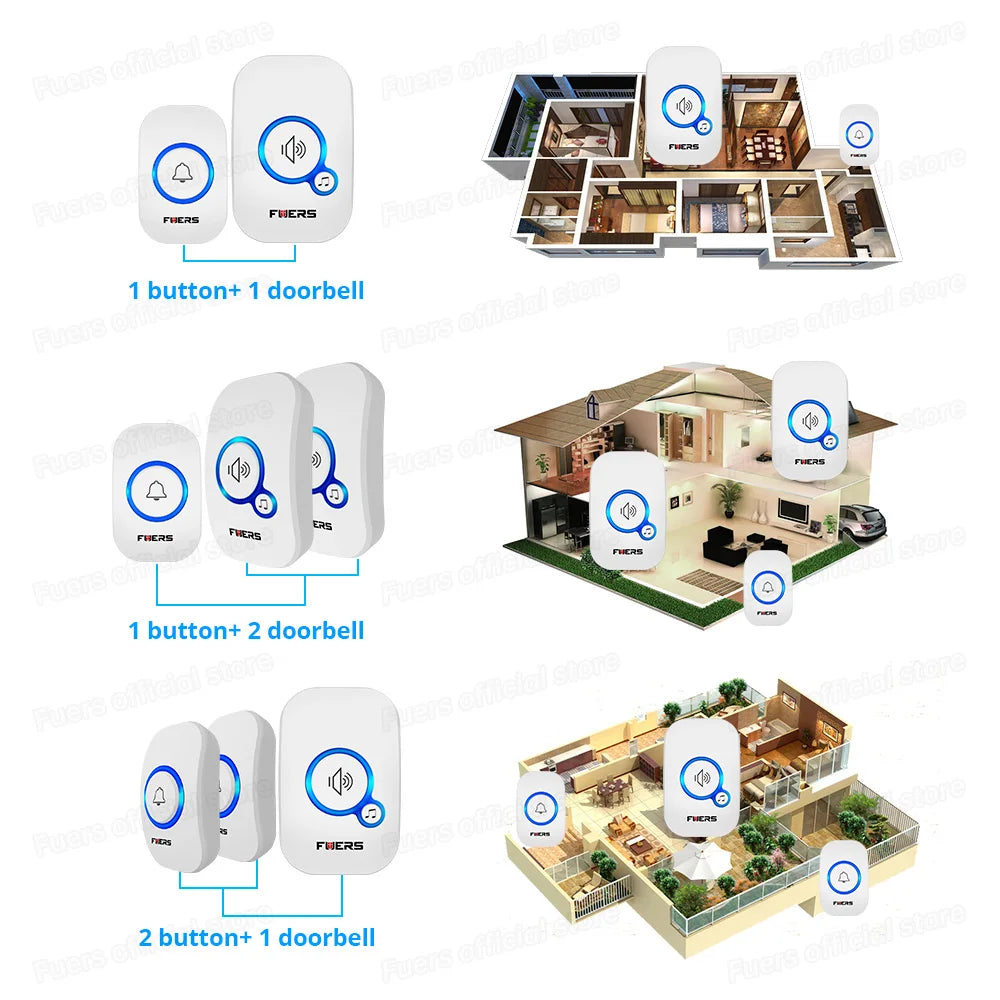Fuers Wireless Doorbell Waterproof Door Chime Kit Welcome Chime Home Door Bell Intelligent 32 Songs Melodies Sound And LED
