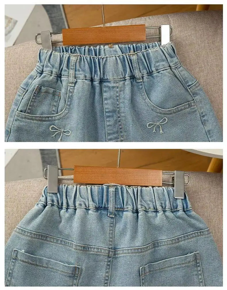 New Summer Girls Shorts Jeans Fashion Embroidery Bow Short Denim Pants For 2-12 Years Kids Clothes Children Cotton Trousers