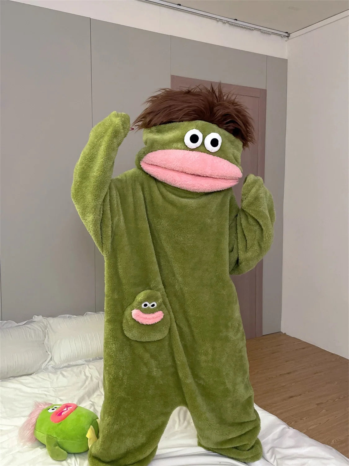 Cartoon Pajamas Autumn Winter Couple Set Wacky Bodysuit Have Hair Big Mouth Monster Hooded Homewear Girl Cute Keep Warm Pajamas