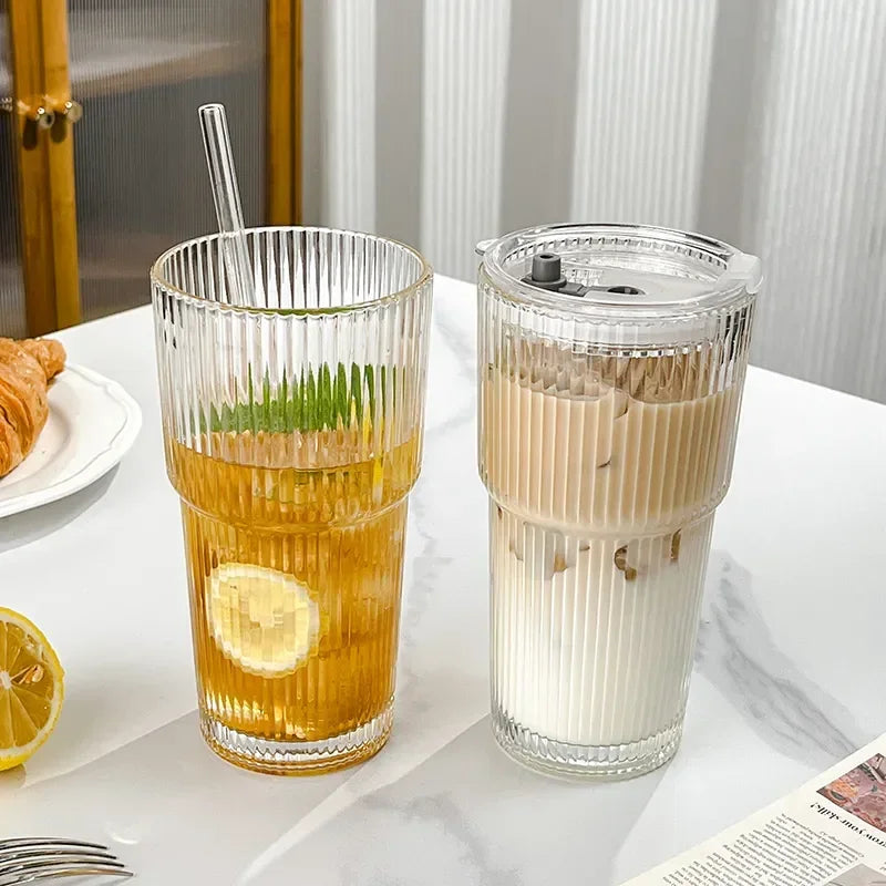 600ML Stripe Glass Coffee Cup with Lid and Straw Transparent Drinking Glasses for Juice Milk Tea Cups Iced Coffee Mugs Drinkware