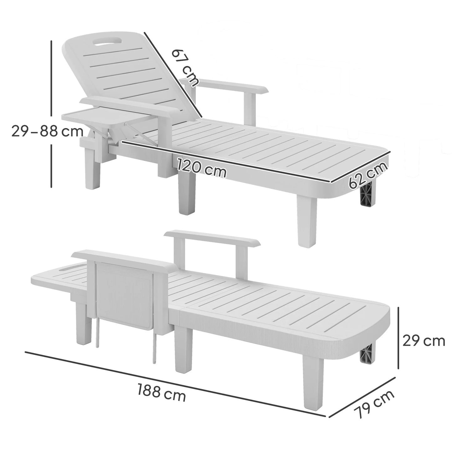 Outsunny Set of 2 Resin Reclining Sun Loungers for Garden, 5 Positions Adjustable Outdoor Chaise Lounge Chairs