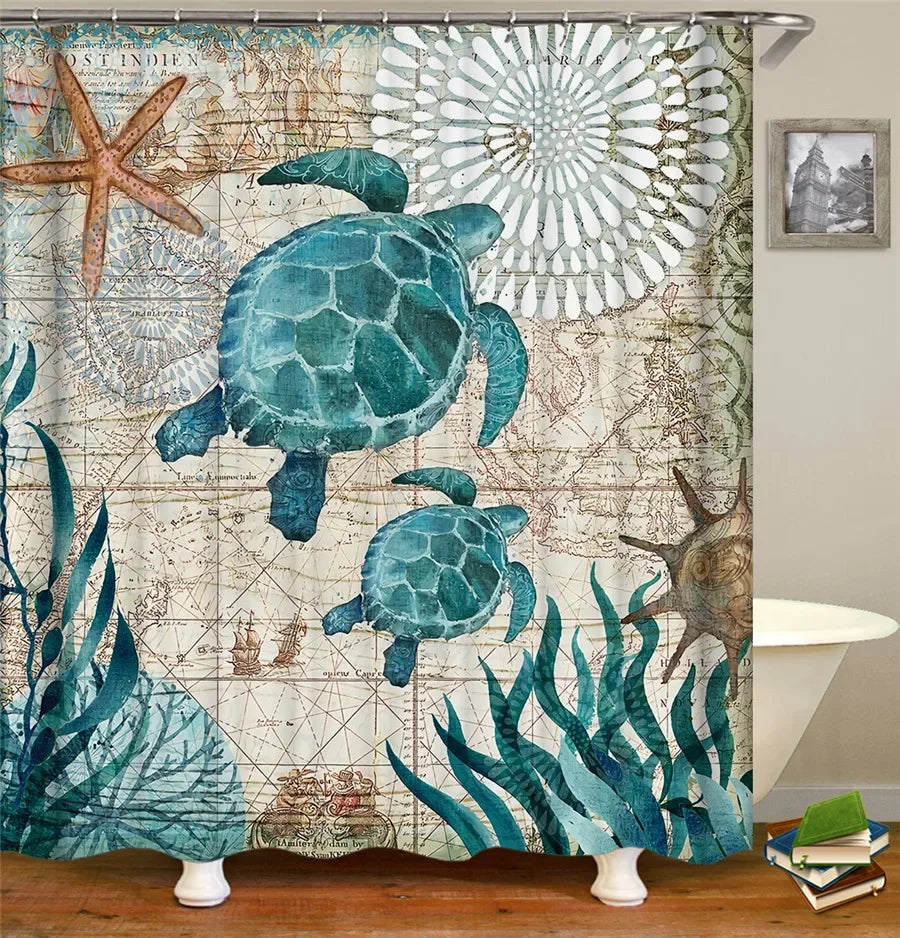 Bath Curtain Sea Beach Shell Starfish Shower Curtains 180*180cm Waterproof Bathroom Home Washable Fabric Bath Screen 12 Hooks