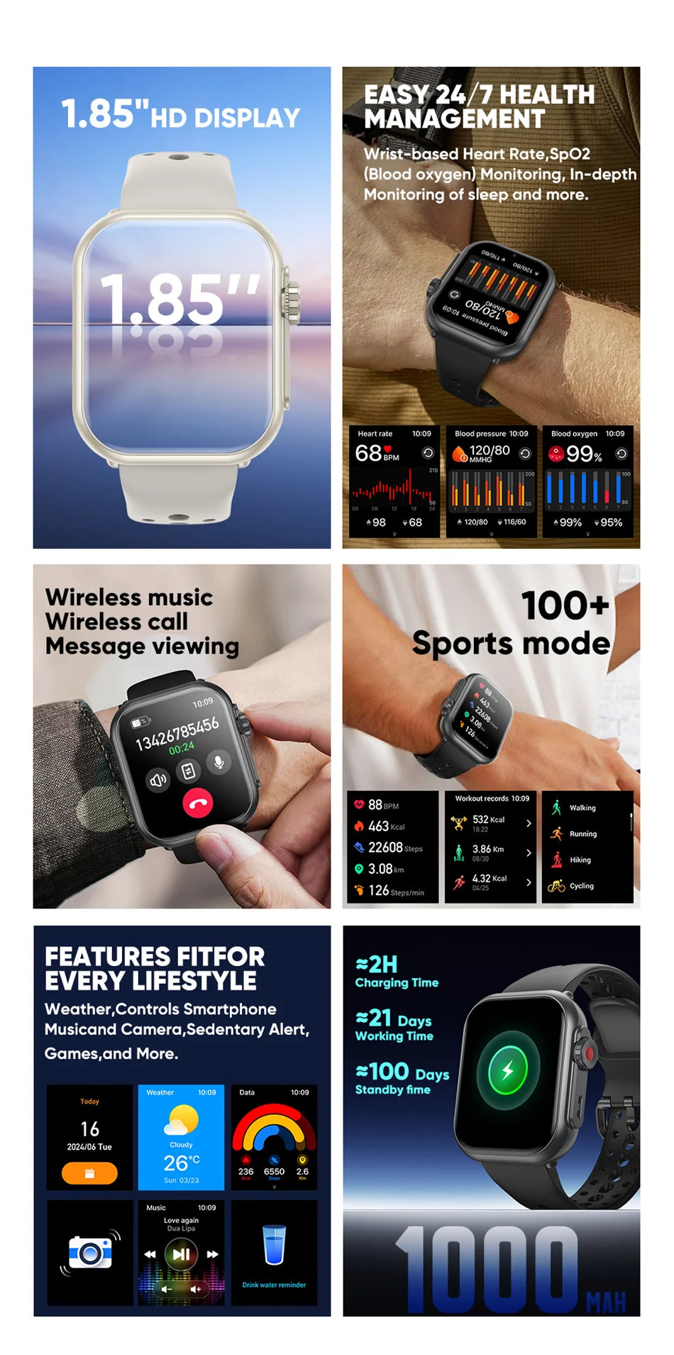 Watch Ultra K62 Men Women 1000mAh AMOLED 100+Sport Heart Rate HD Bluetooth Call GPS Track Waterproof Smart Watch For iOS Android