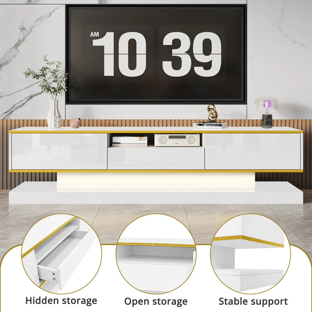 PINGGO Modern TV Cabinet with Three Drawers and an Open Compartment - High Gloss with Color-Changing LED Lights, 180*38*45cm