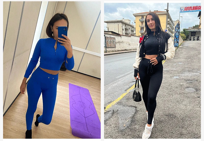 Seamless Women Yoga Set Workout Sportswear Gym Clothing Zipper Long Sleeve High Waist Leggings Fitness Bra Athletic Sports Suits
