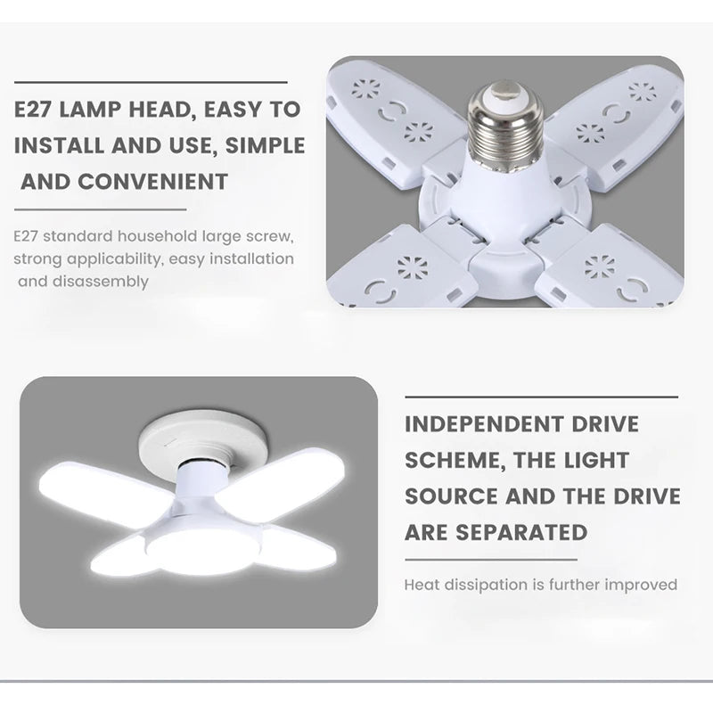 E27 Fan Shape Foldable 28W LED Bulb AC220V/110V Deformation for Home Ceiling Lights Warehouse and Garage White Light 6500K Bulb