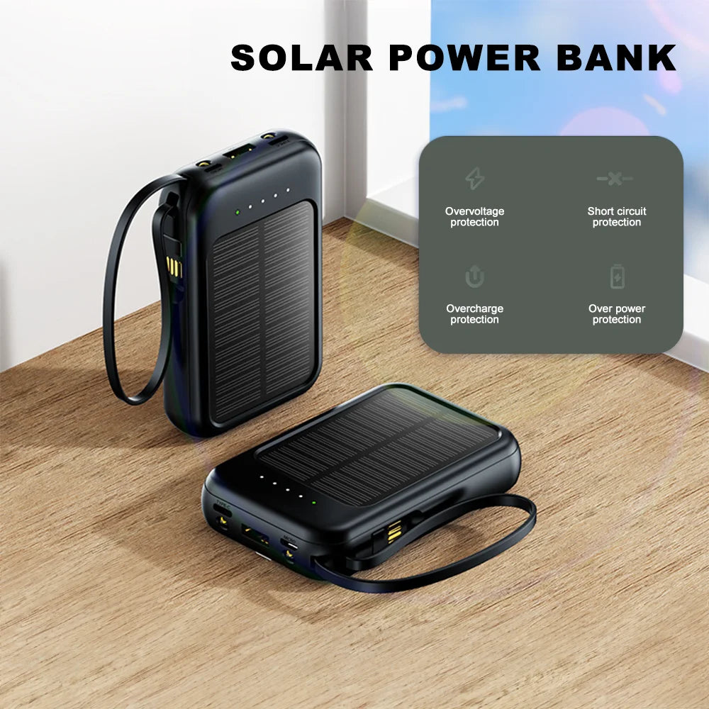 20000mAh Portable Solar Power Bank Built in 4 Cables External Battery Pack  Mini Powerbank  with LED Light for Cell Phones
