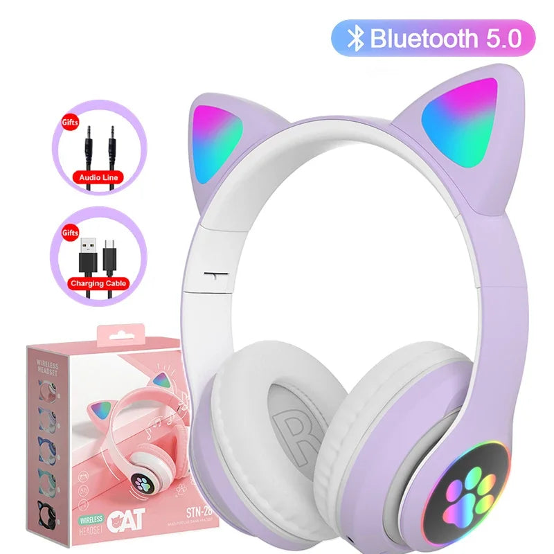 Bluetooth 5.0 Stereo With Mic Flash Lamp Cute Cat Ears Headphone Support TF Card Wireless Kids Girl Earphone Birthday Gift