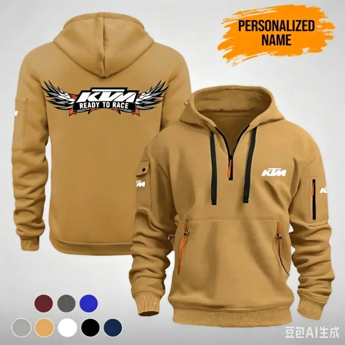The KTM “Ready to Race” printed half-zip hoodie features workwear pockets and arm pockets, perfect for motorcycle enthusiasts.