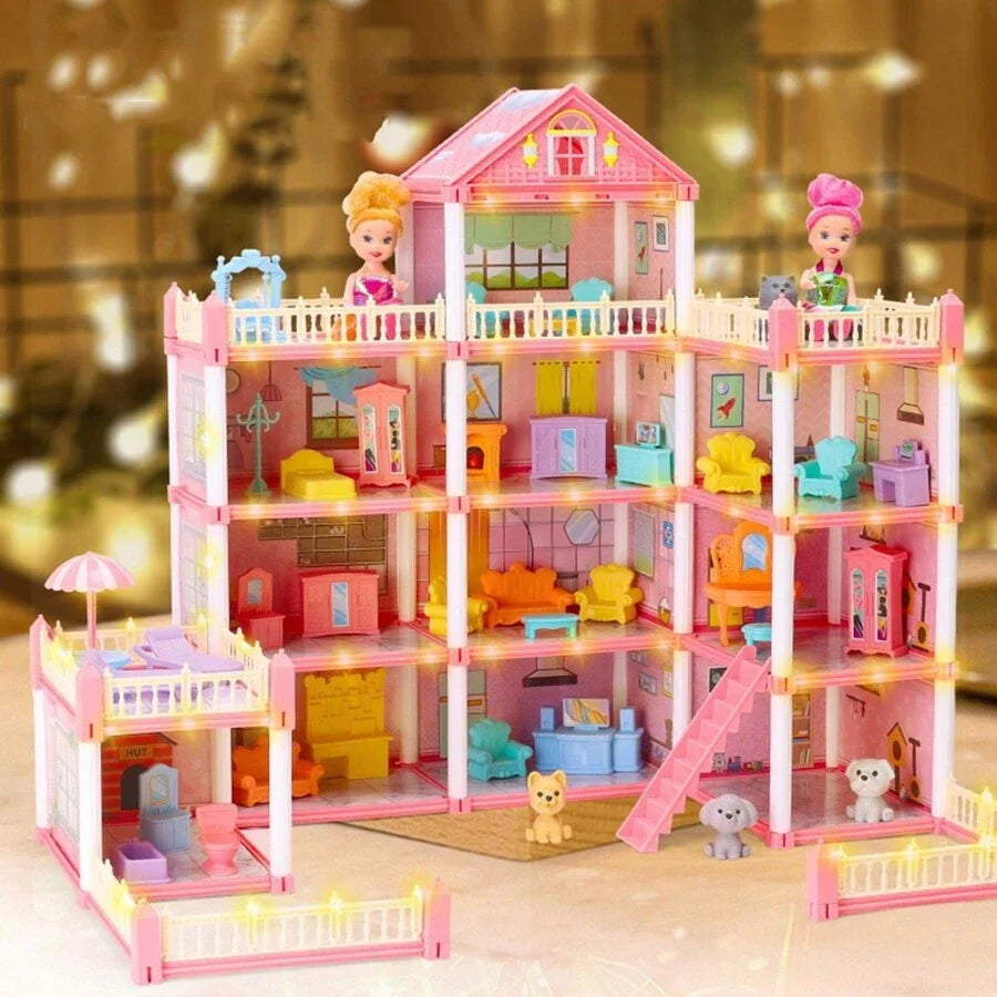 Girl Doll House Toy 3d Assembly Dollhouse Diy Mini Toy Accessories Villa Princess Pink Castle Children Pretend Birthday Gift