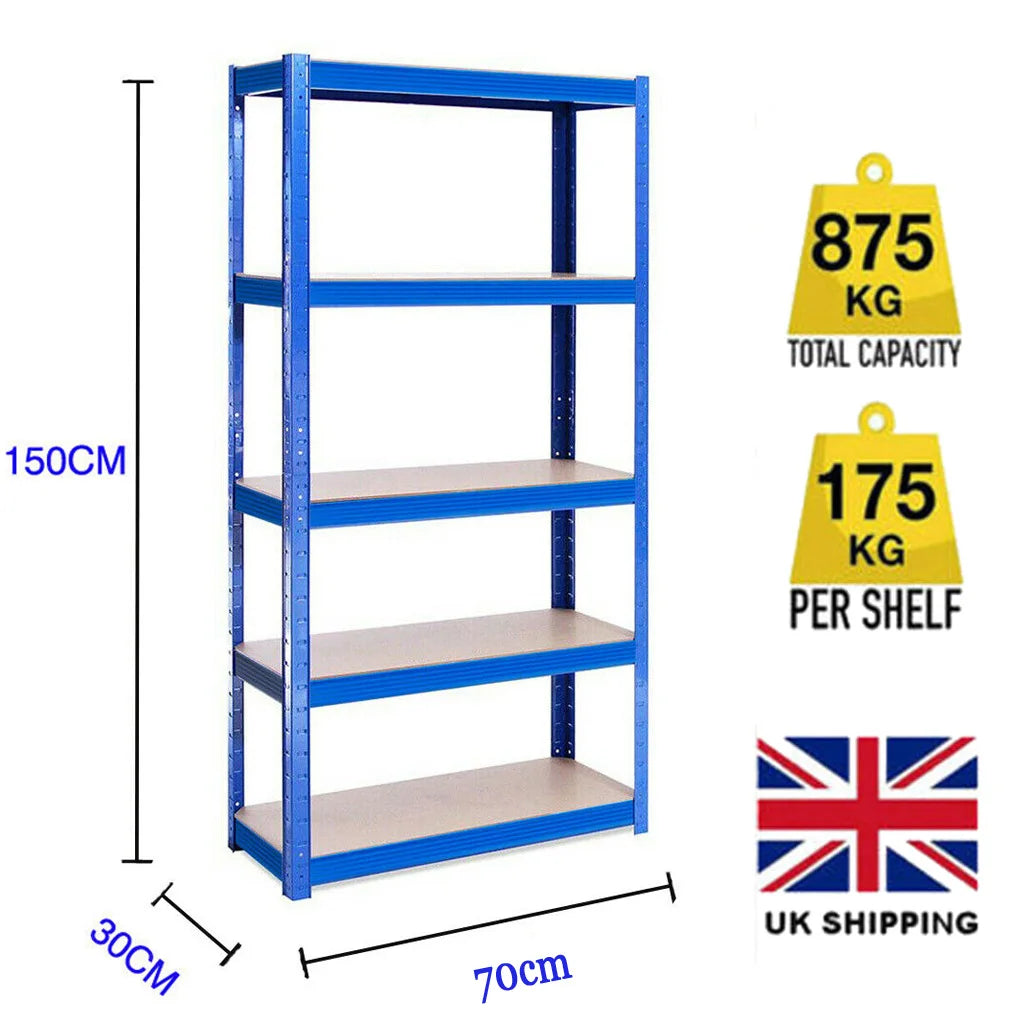 5 Tier Metel Garage Shelf Unit 150x70x30cm, Heavy Duty, Boltless Design, for Warehouse Workshop Office, 875kg Total Capacity