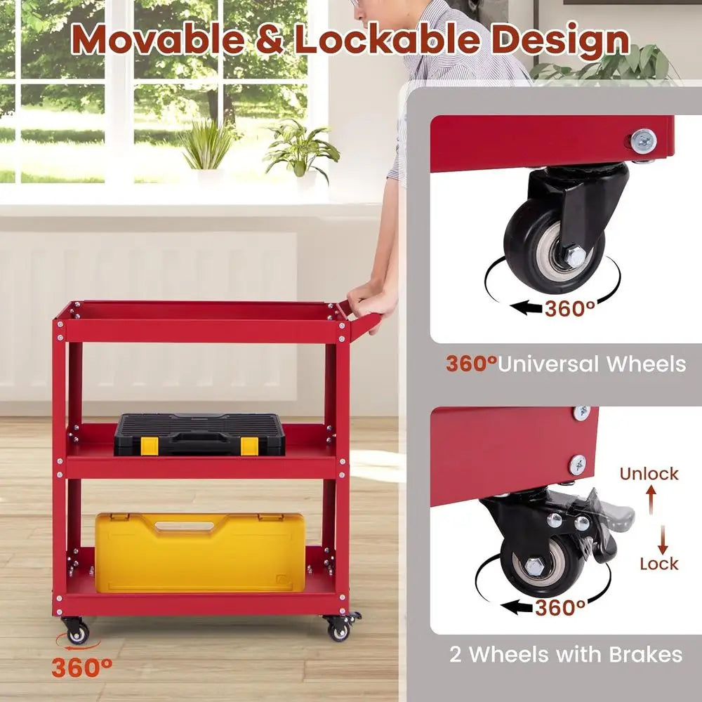 Sturdy 3-Tier Metal Tool Cart with Lockable Wheels, Red - Ideal for Workshop, Garage, Kitchen Storage