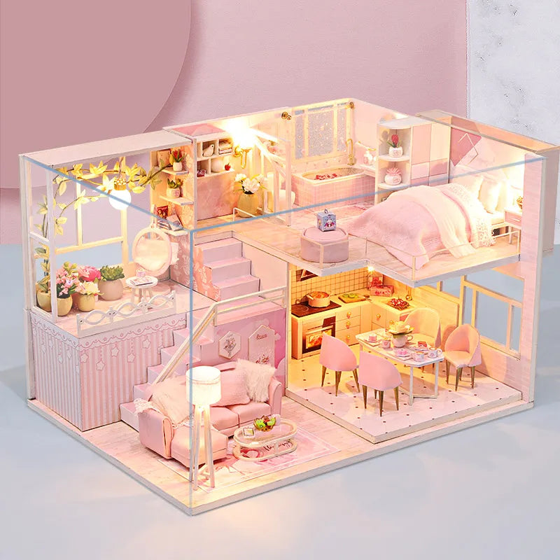 DIY Wooden Doll House Handmade Duplex Apartment Production 3D Puzzle Assembly Building Duplex Apartment Model Toy Children Gifts