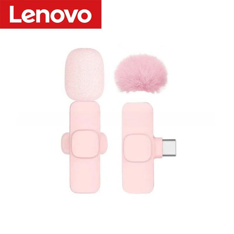 Lenovo Pink Wireless Lavalier Microphone for iPhone Android PC Live Gaming Phone Portable Audio Video Recording Vlog Microphone