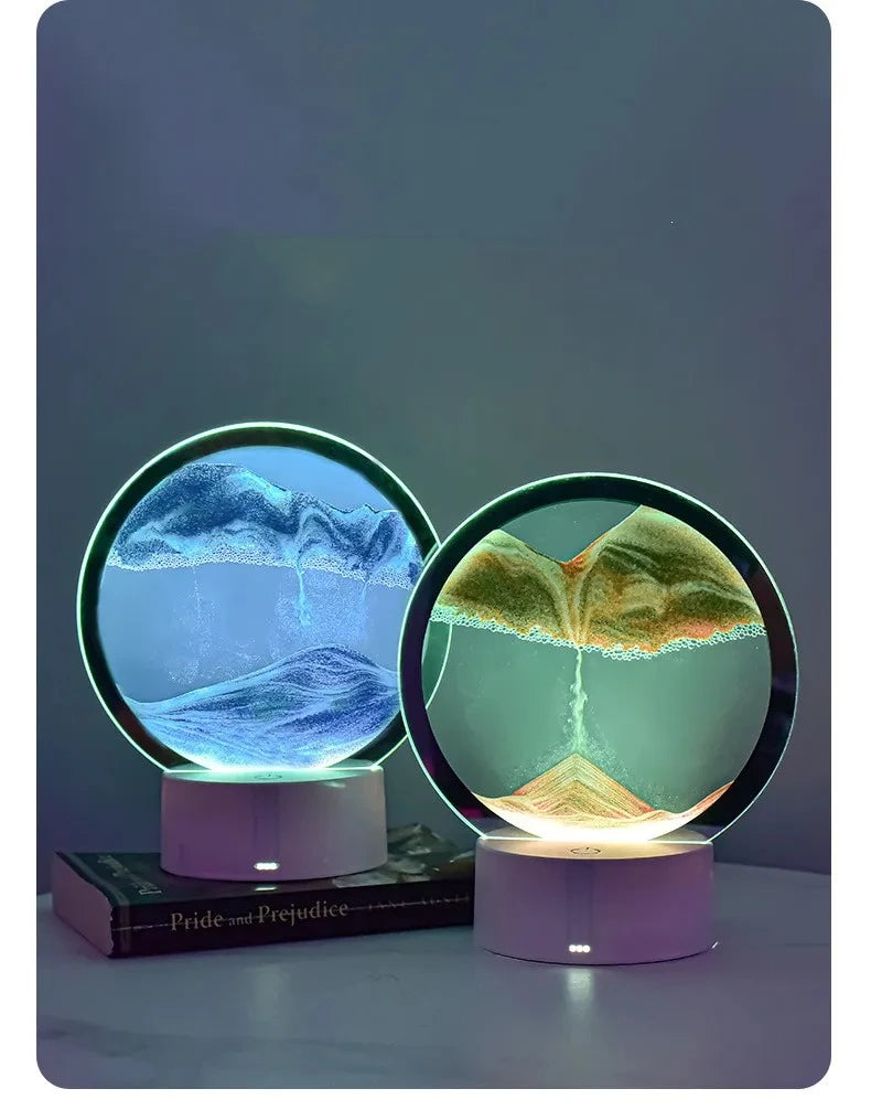 3D Flowing Sand Painting Night Light Atmosphere Light Landscape Hourglass Decompression Flowing Sand Ornament Desk Lamp Gift