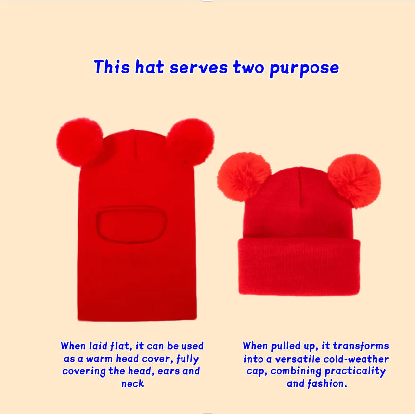 1pc/2pcs Winter children's hooded one-piece hat,equipped with ear and neck protection devices,for warmth.Double ball knitted cap