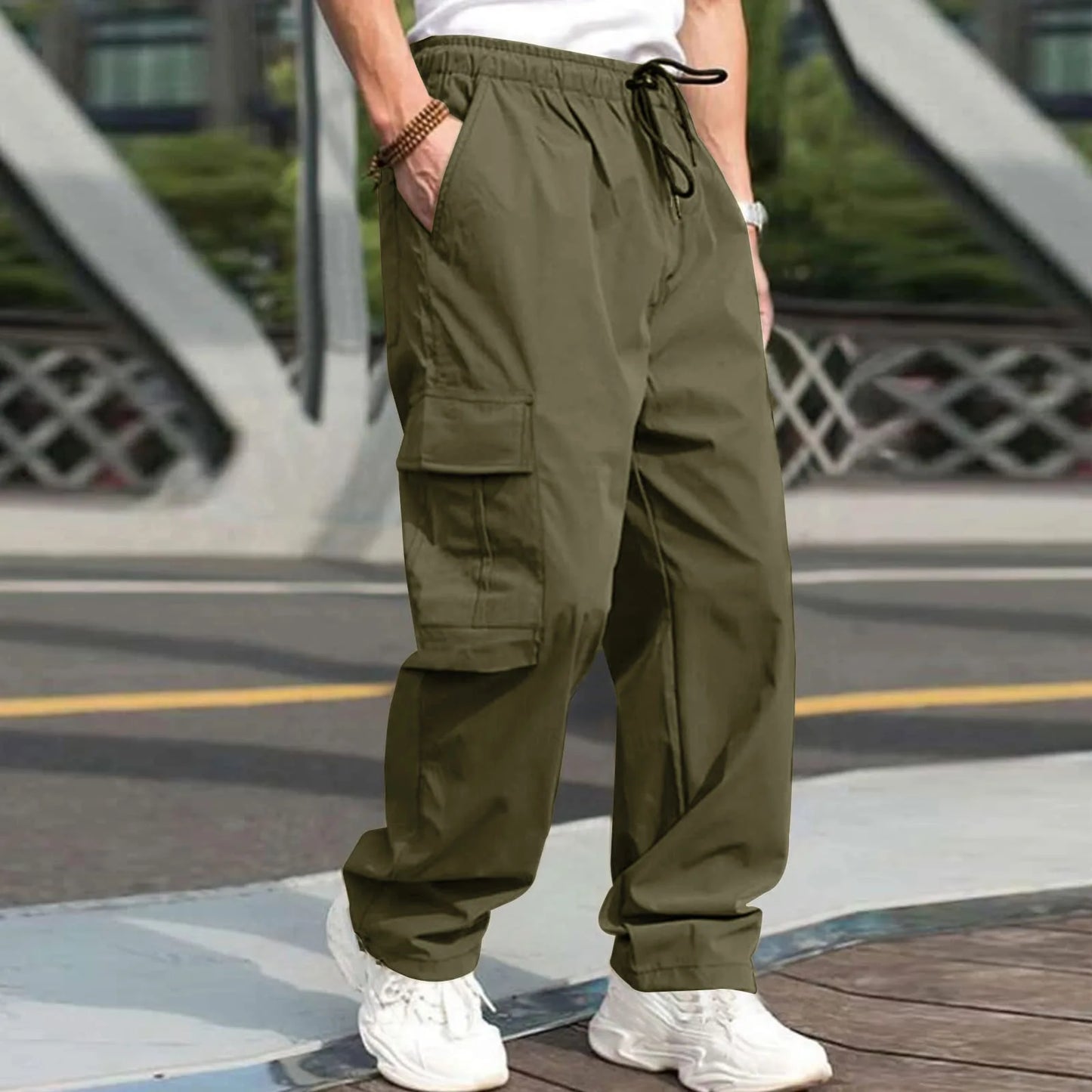Men Loose Cargo Pants Summer Male High Elastic Waist Zip Pocket Straight Full Trousers BFDZ-A717