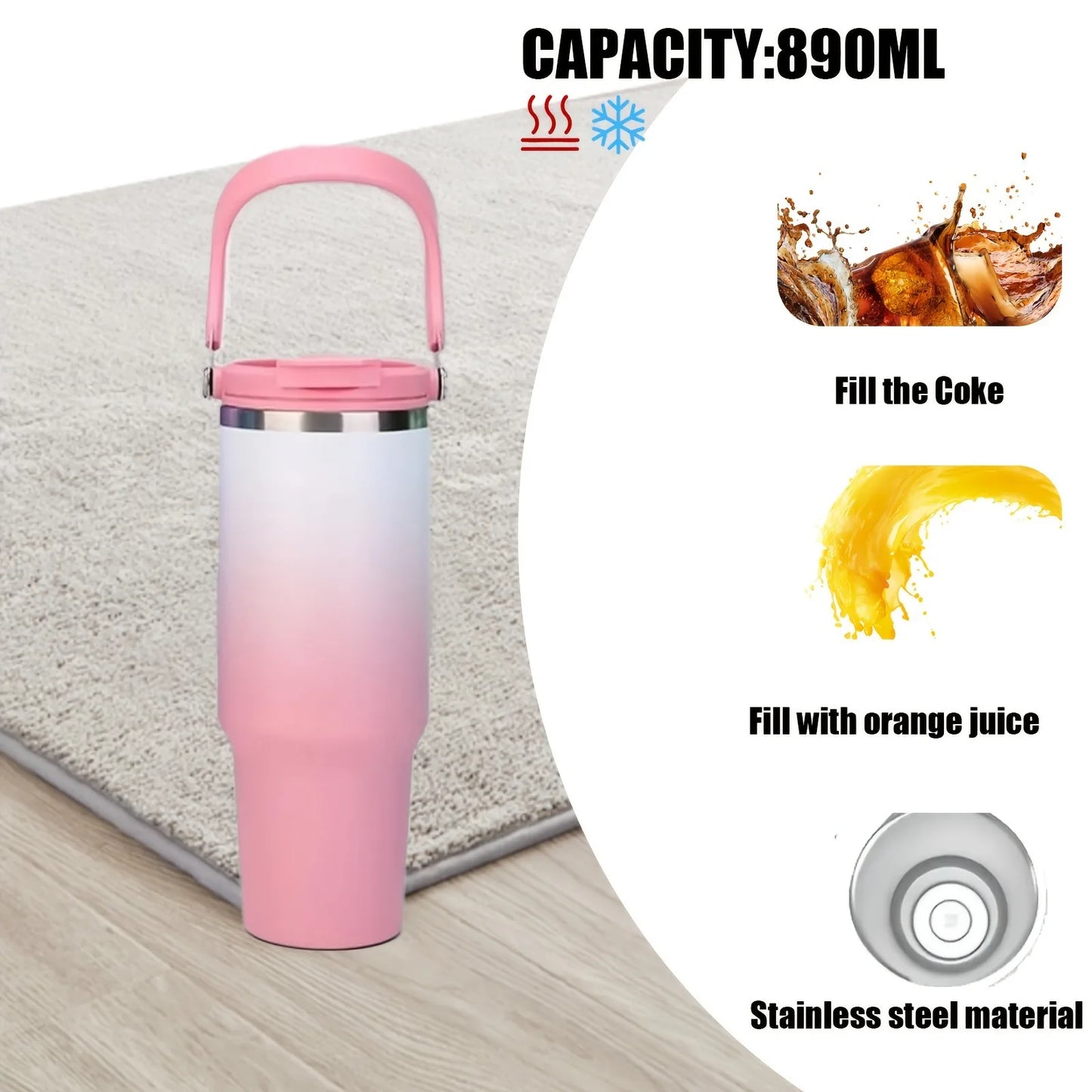 890ML Stainless Steel Thermos Cup with Straw  Keep Cold and Hot Car Coffee Cup Portable Vacuum Flask Travel Thermos Water Bottle