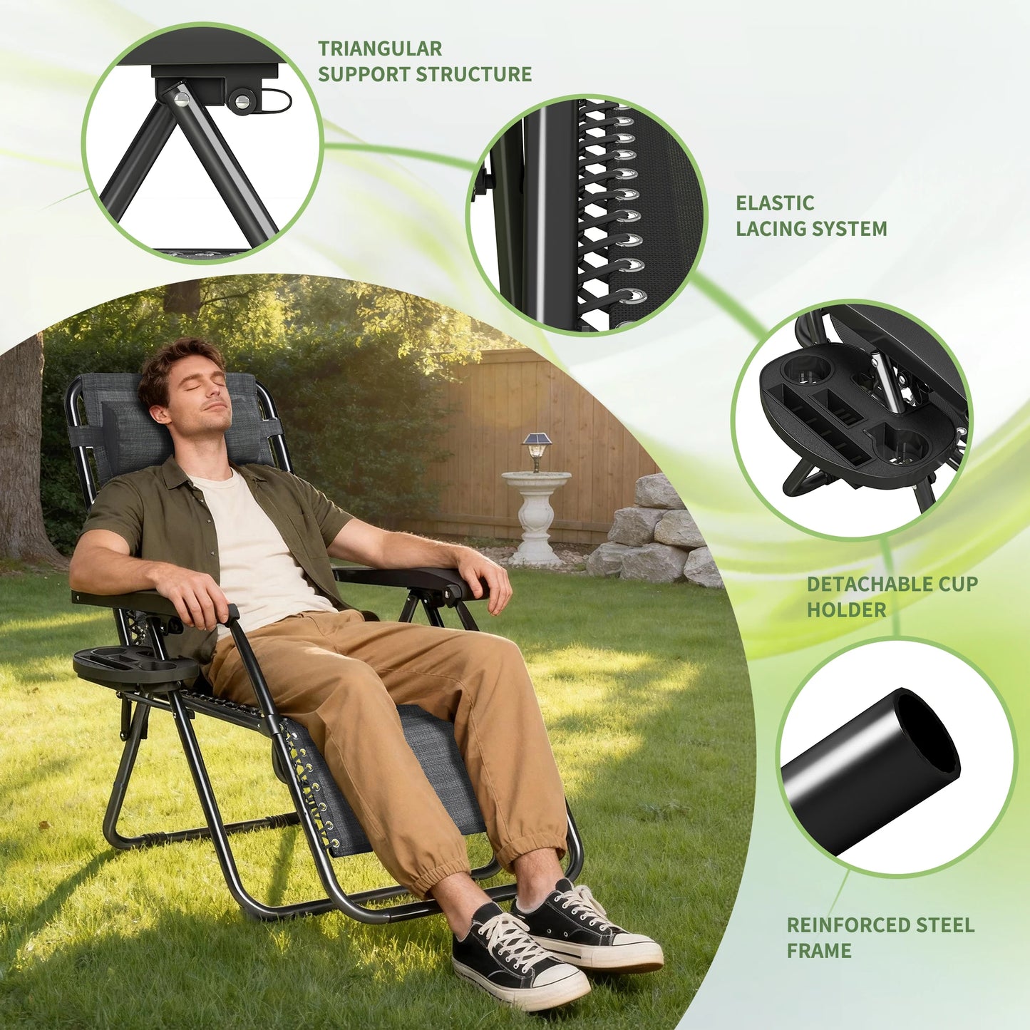 Zero Gravity Reclining Chair Set of 2 – Folding Outdoor & Garden Chairs with Textilene Fabric, Cup Holder and Headrest Pillow