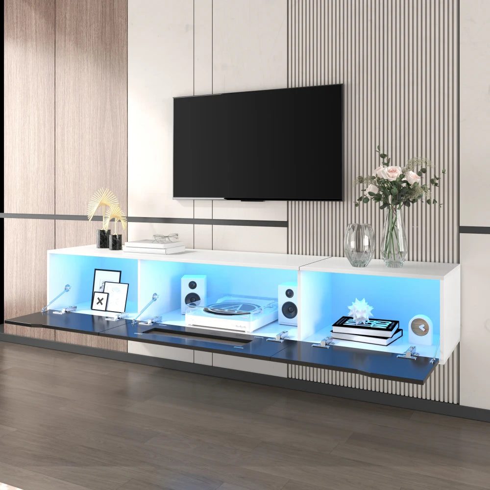 PINGGO TV cabinet, high-gloss TV cabinet, matching colours in white and high-gloss black, with colour-changing LED lights