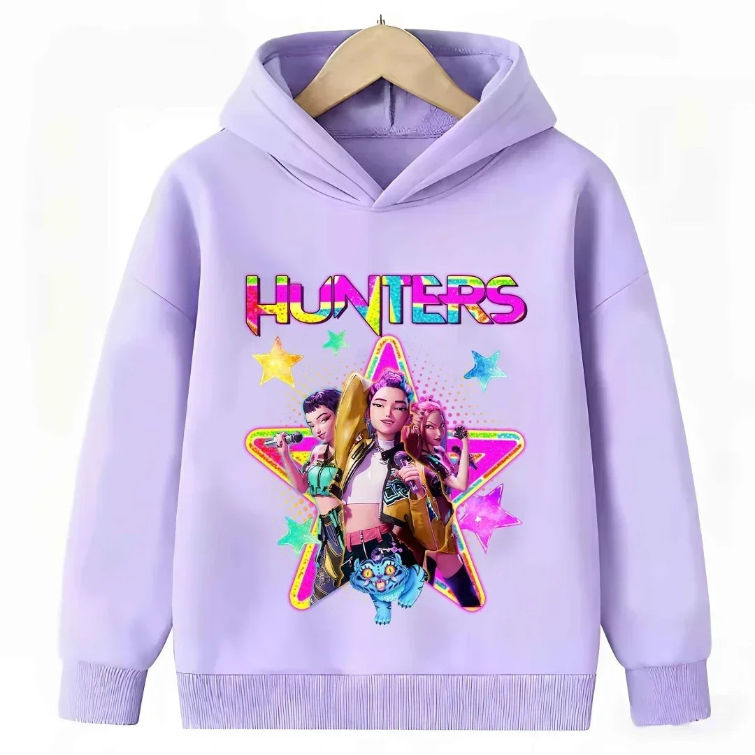 2026 New Kpop Demon Hunter Cartoon Hoodie Kids Boys Girls Purple Warm Casual Loose Sweatshirt Children Fashion Streetwear Tops