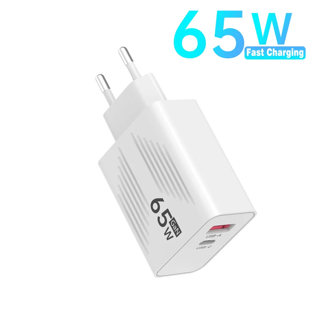65W GaN USB C Fast Charger PD QC 3.0 Travel Wall Adapter with UK US EU Plug for iPhone Samsung Xiaomi Huawei Mobile Phone