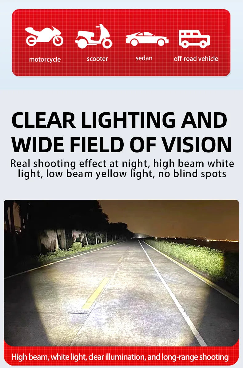 Motorcycle LED Spotlight Dual Color Hi/Low Beam Fog Lamps for Car Trucks SUV UTV 12V 24VMini Lens Headlight Driving Light