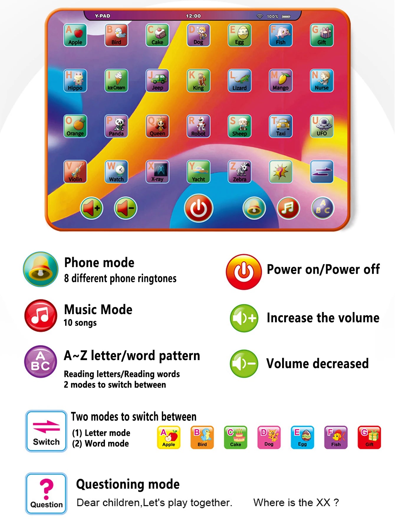 Alphabet Tablet to Learn Letters, Abc, Numbers, Colors, Music & Words, Interactive Toddler Learning & Education Toys for Kids