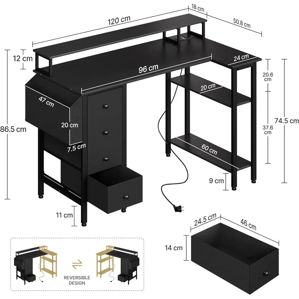 120x70cm L-Shaped Computer Desk with Power Outlets, Monitor Stand and Reversible Shelves, Black