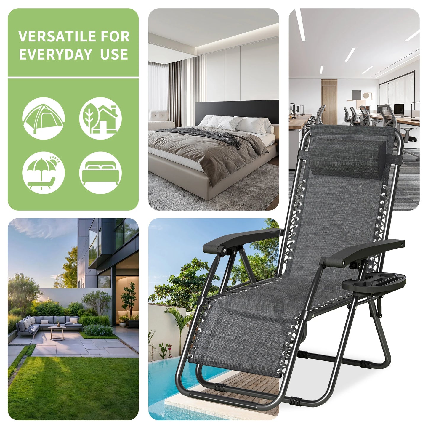 Zero Gravity Reclining Chair Set of 2 – Folding Outdoor & Garden Chairs with Textilene Fabric, Cup Holder and Headrest Pillow