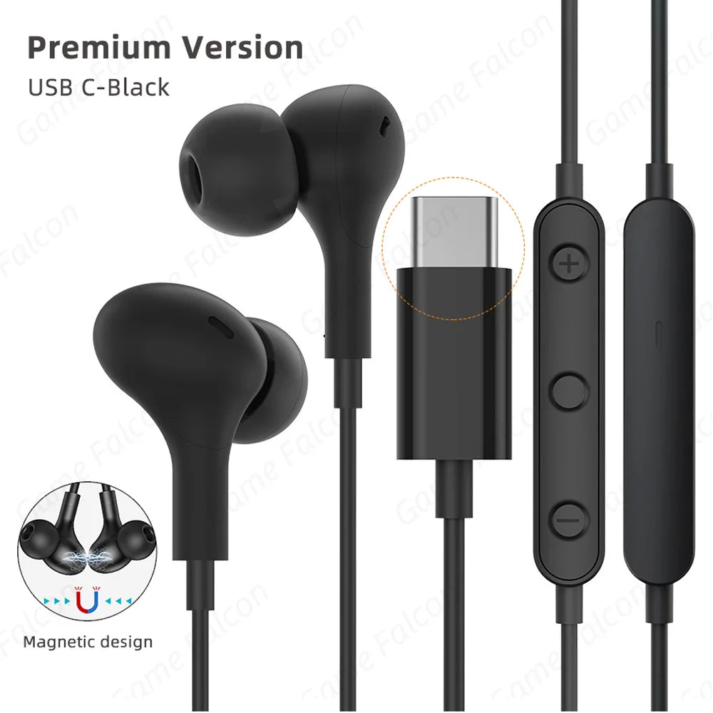 USB C Headphone for Samsung Galaxy S24 S25 S26 Ultra A17 A54 Magnetic Wired Earbuds Noise Canceling in Ear Earphones with Mic