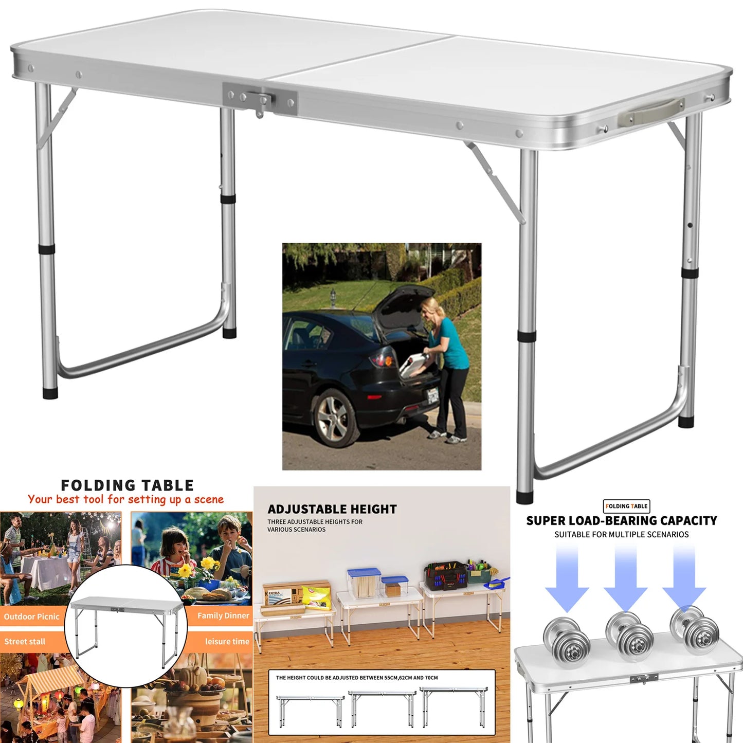 120cm Aluminium Folding Table - Portable Lightweight Camping With Extra Strength Trestle Design, Power Coated Adjustable Height