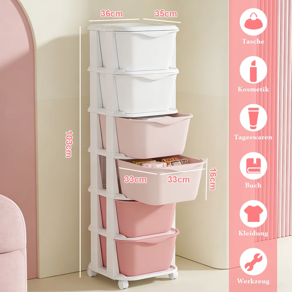 6/5 Tier Drawer Storage Cabinet Stackable Dustproof Storage Organizer with Wheels Floor-standing Storage Box Office Supplies
