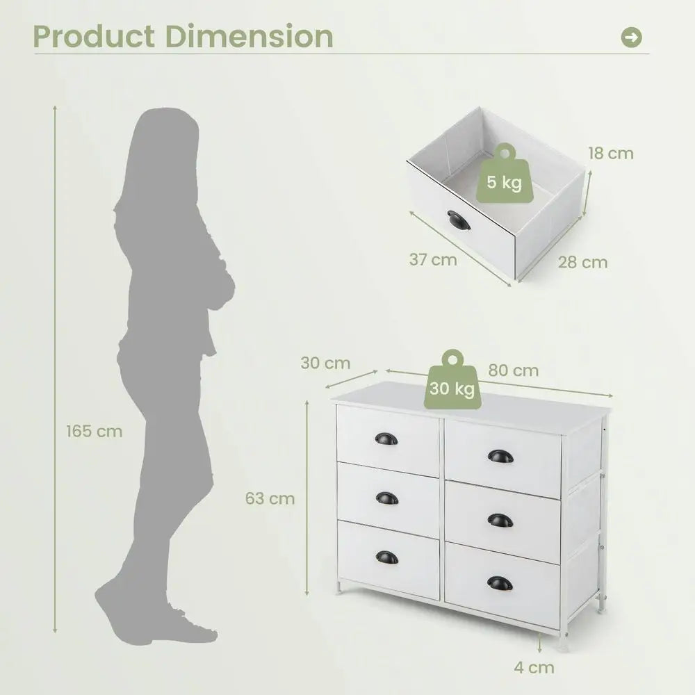 5 6Drawer Dresser, Fabric Chest of Drawers Storage Tower with Wooden Top amp Front, Metal Frame Cabinet Organiser Unit for Bedr