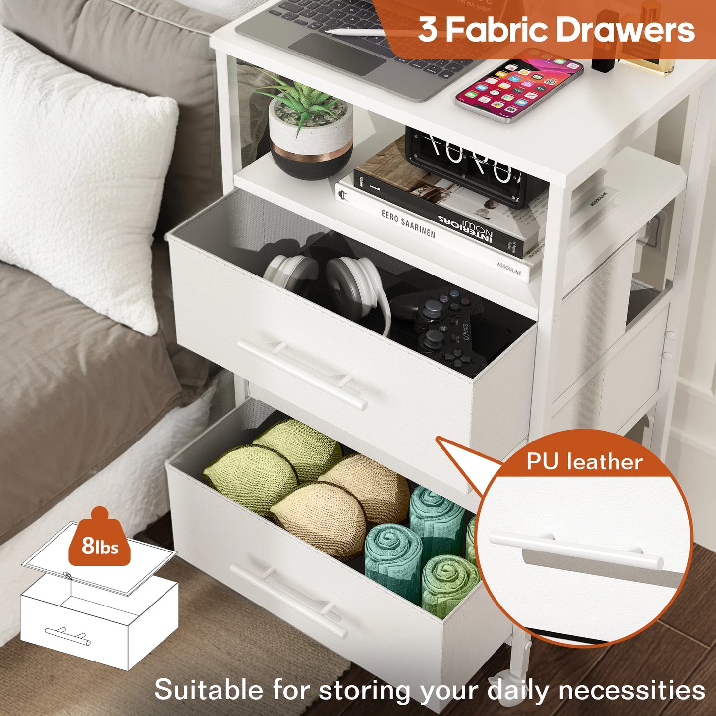 Bedside Table With Charging Station Nightstand With 2 Outlets And 2 USB Ports With 4 Castors