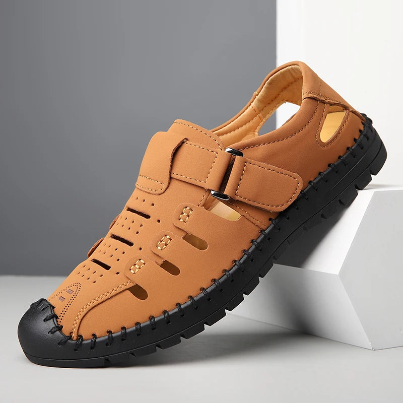 Men's Summer Hollow out Comfortable Breathable Slip-On Leather Shoes Anti-Slip Soft Bottom Outdoor Casual Loafers-1375