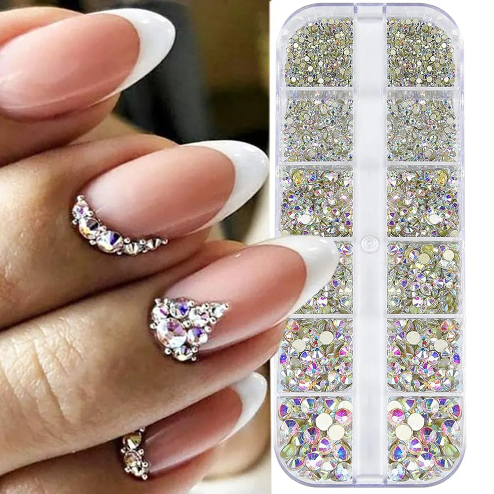 2400pcs+ Shiny Clear Crystal Gems Nail Rhinestones 1.5-4mm Mixed Round Glass Stone Flatback Nail Charms 12grids Nail Diamond DIY